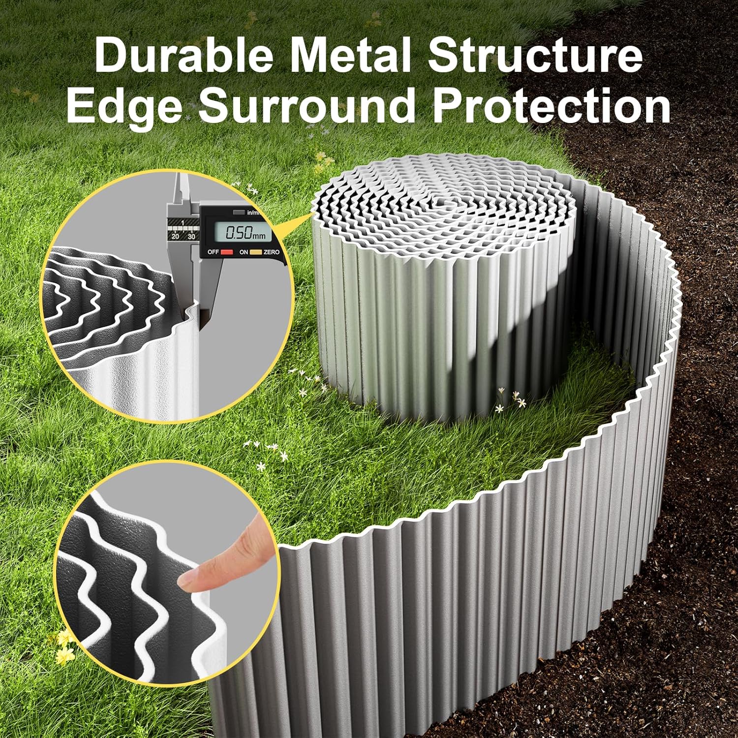 Land Guard Corrugated Garden Edging Border,6 x 50' Landscape Paver Edging, Tall Landscape Edging, Fence for Garden, Flower Bed, Lawn and Landscape Edging (Silver)